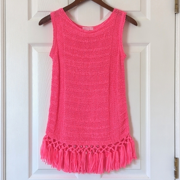 Lilly Pulitzer Tops - Lilly Pulitzer Luca Woven Fringe Hem Wide Strap Sweater Tank Top Tiki Pink XS